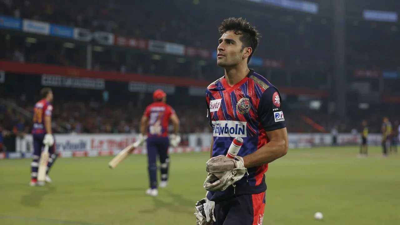 Wide view of a packed Indian cricket stadium under evening floodlights during an IPL fixture